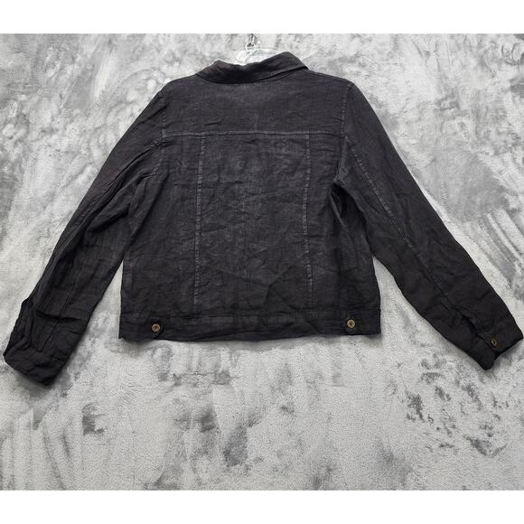 Italian Linen Jacket Womens S Black Long Sleeve Button Front Lightweight Trucker - Picture 3 of 10
